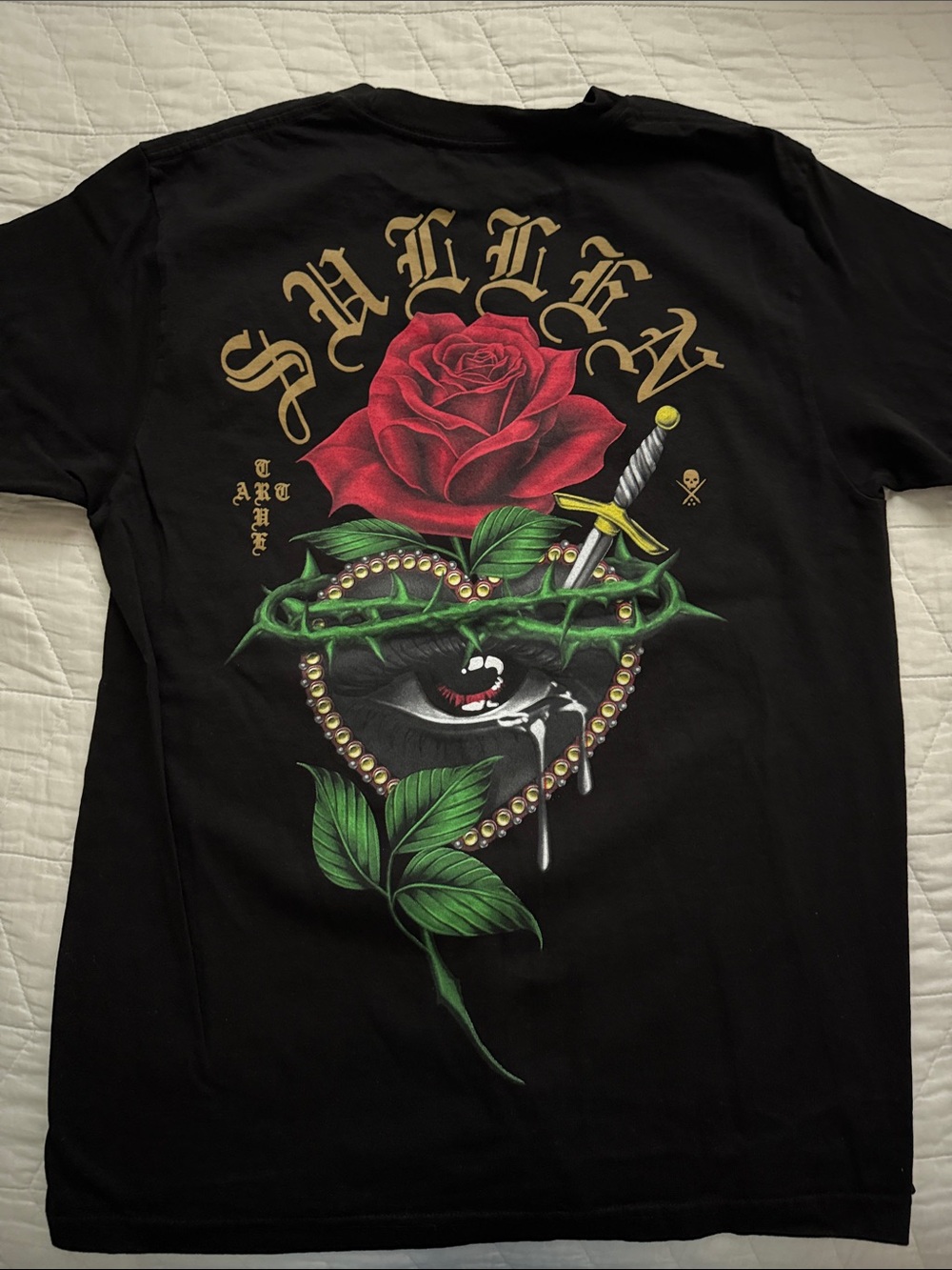 Black Short-Sleeve Graphic Tee with Red Rose & Blade